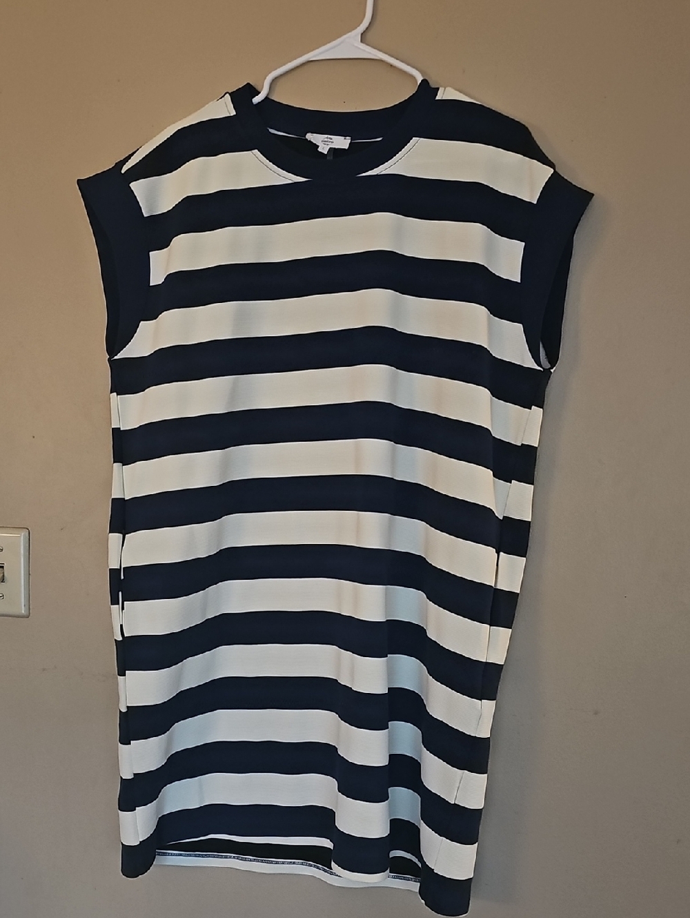 Navy and White Striped Sleeveless Dress.
